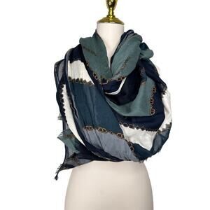 Oversized Navy Teal Chain Print Scarf Wrap Shawl Lightweight Fringe